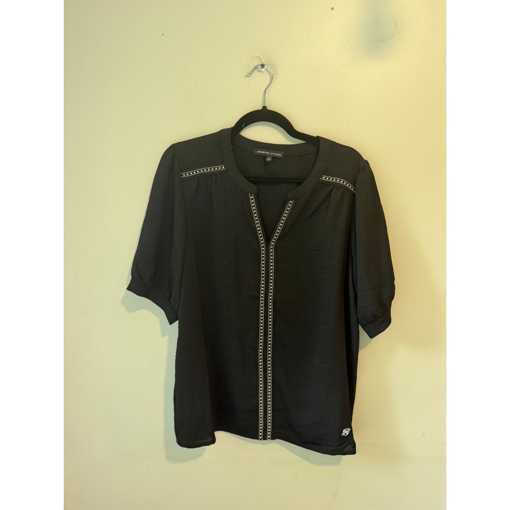 Adrienne Vittadini Black Studded Split Neck Blouse VW340228 Large